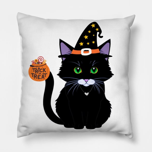 Dark Cat Trick or Treat: A Mysterious Halloween Night Pillow by NITA@PROVIDER