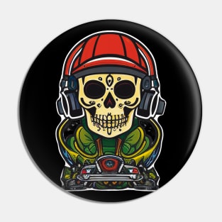 Pulsating Beats: Sugar Skull Art - Skeleton DJ Spinning Tunes with Headphones and Turntable Pin