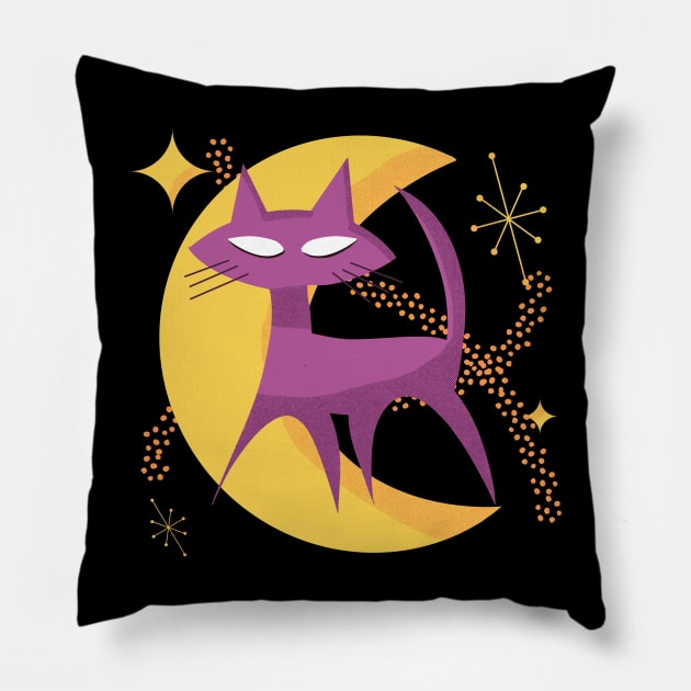 Atomic Cat in Moon Mid-Century Modern Halloween Scene Pillow by ksrogersdesigns