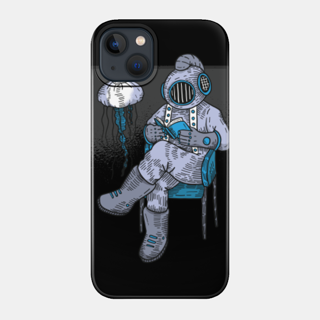 Quirky Ocean Art Diver Reading In Blue And Gray - Ocean - Phone Case