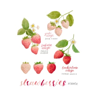 Japanese Strawberries Watercolour Painting and Chart with Calligraphy (Ichigo) T-Shirt