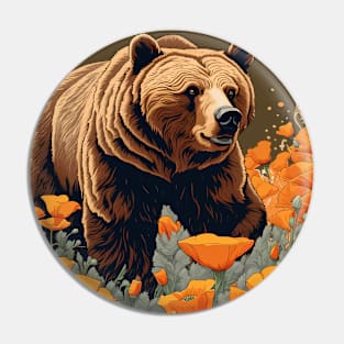 Bear Plodding Through Orange Californian Poppies Pin