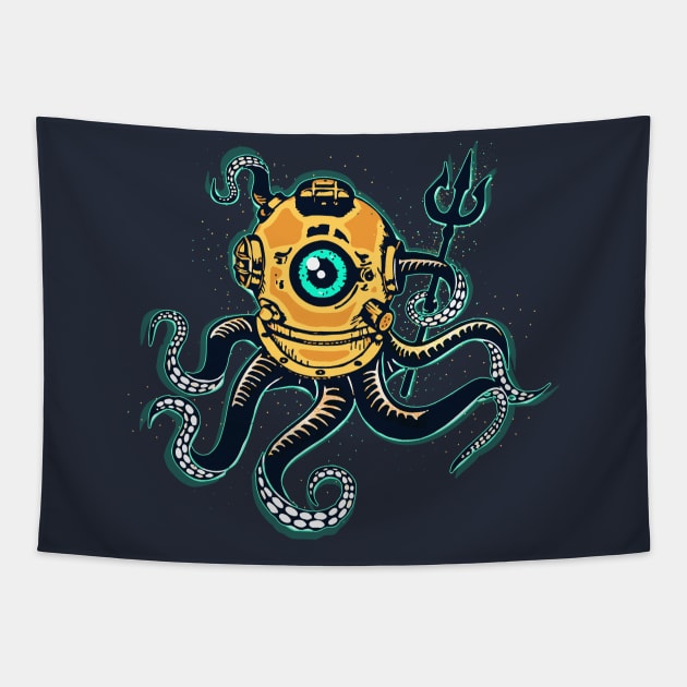 Trident Octopus Monster Divers Tapestry by ElWish