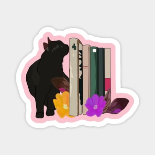 Black cat with books Magnet