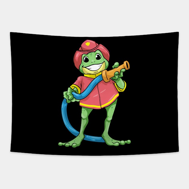 Funny frog as a firefighter with a hose Tapestry by Markus Schnabel
