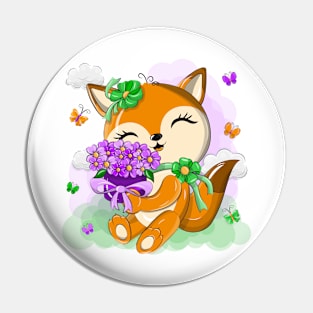 Cute orange fox with a bouquet of flowers Pin