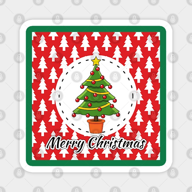 Christmas Tree on Red White Pines Pattern - Merry Xmas Magnet by BirdAtWork