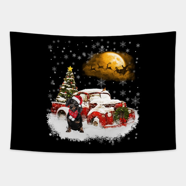 Red Truck Xmas Tree Black Dachshund Christmas Tapestry by Benko Clarence