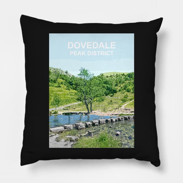 Dovedale Stepping Stones Derbyshire Peak District travel poster Pillow by BarbaraGlebska