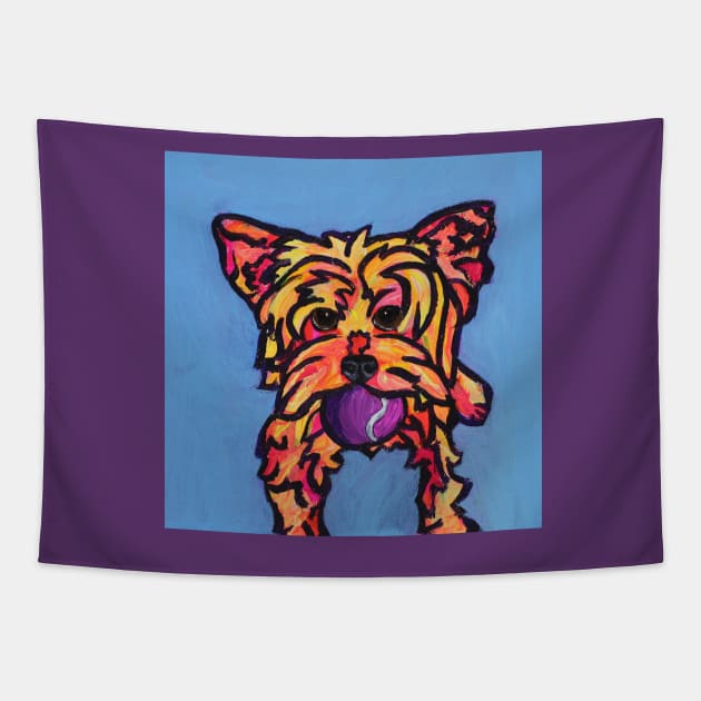 Kate the Yorkie Says, Play Ball! Tapestry by AmandaAAnthony