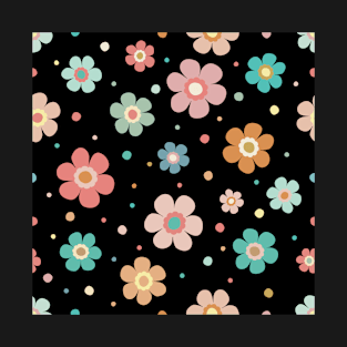 Cute Multicolour Flower Pattern On Black T-Shirt