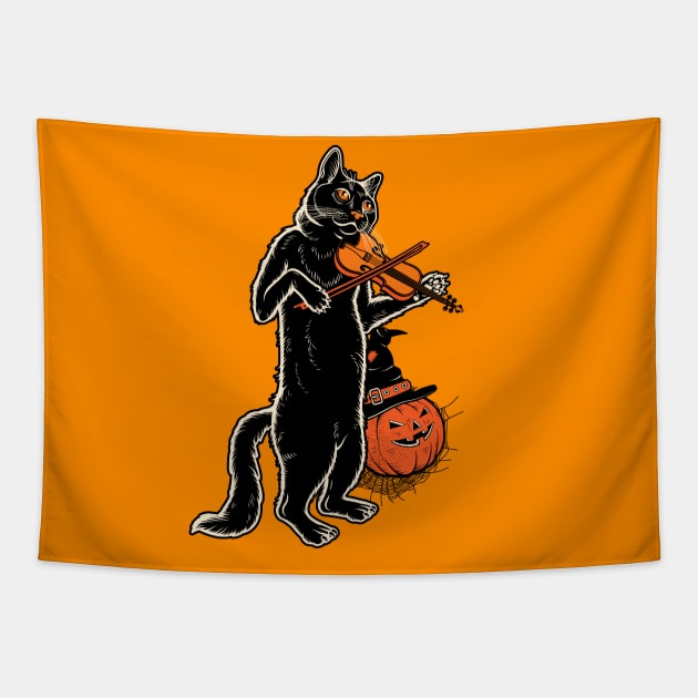 Happy Meoween – Halloween Orange Pumpkin Cat Tapestry by pht