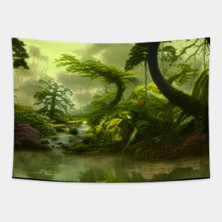 Digital Painting Scene Of a Realistic Jungle and Lake, Amazing Nature Tapestry