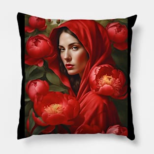 Portrait of a woman in red with flowers Pillow