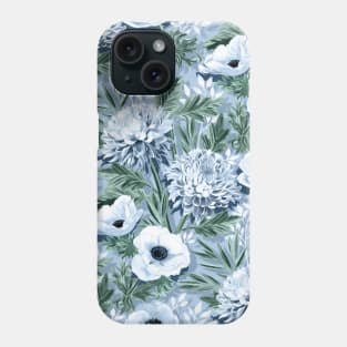 Anemones and Chrysanthemums in Green, Blue and White Phone Case