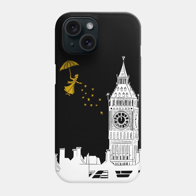 Mary Poppins and Big Ben Linocut Print in white, black and gold Phone Case by Maddybennettart