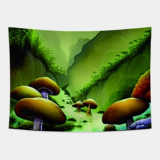 Mushrooms Near A river And Under Mountains, Cute Mushroom Aesthetic Tapestry