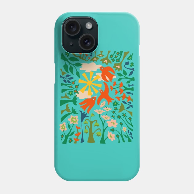 DAYDREAM IN THE GARDEN Happy Birds Flying in the Sky Above Colourful Flowers with Sun and Clouds - UnBlink Studio by Jackie Tahara Phone Case by UnBlink Studio by Jackie Tahara