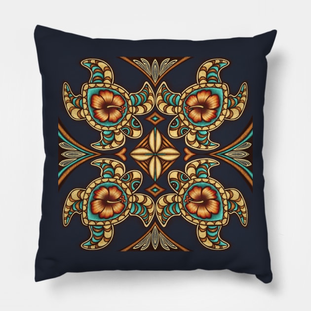 Tapa Turtles - peacock Pillow by AprilAppleArt