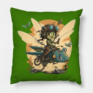 Steampunk Battle Fairy Ridging a Mechanical Dragonfly Pillow