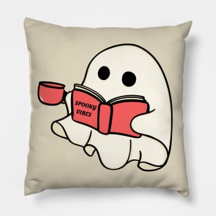 Cute Retro Halloween Ghost Reading Book And Drinking Coffee Pillow