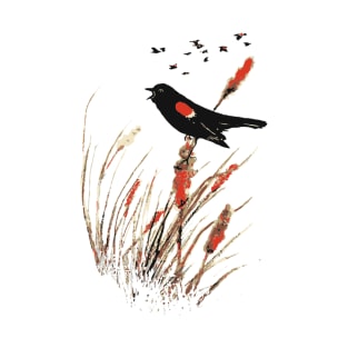 Watercolor Red-winged Blackbird Bird art T-Shirt