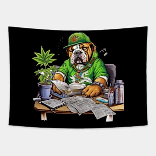 Accountant English Bulldog t-shirt design, a bulldog wearing a green visor and holding a checkbook Tapestry