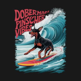 Wave Rider: Doberman Pinscher Dog Surfing in Style T-Shirt