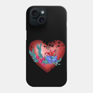 Heart with blue and red flowers and green branches Phone Case