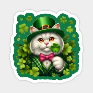 St. Patricks Day White Irish Cat Wearing A Leprechaun And Holding A Shamrock Magnet