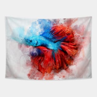 Blue Betta Fish with Red Tail watercolor Tapestry