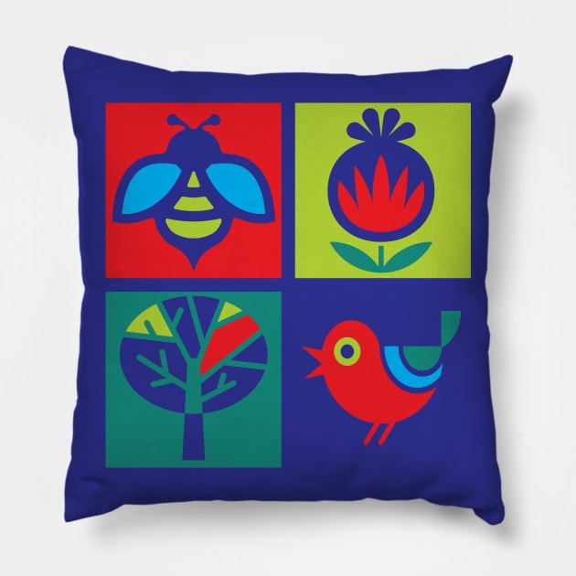 Bright, Bold Bird, Bee, Flower & A Tree Pillow by wickedpretty