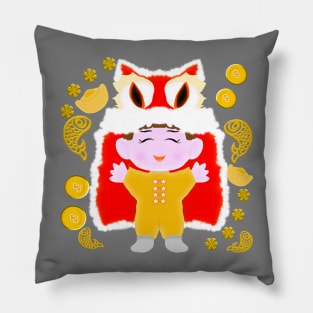 Funny drawn cartoon, boy with Chinese Lion costume for Lunar Celebrations, Roaring Into Prosperity Pillow