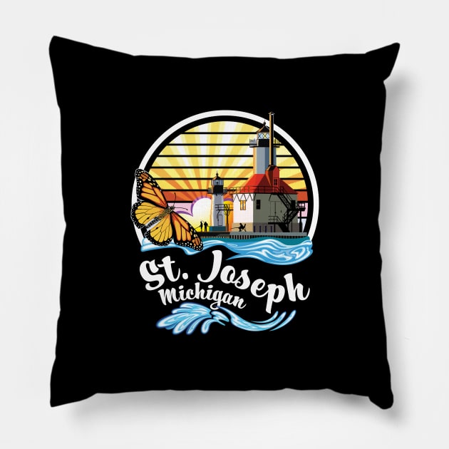 St. Joseph Michigan Lighthouses and Monarch Butterfly Pillow by SuburbanCowboy