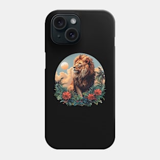 A Proud Lion Relaxes in the Evening Red Flowers In The Jungle The King of the Jungle Lion Phone Case