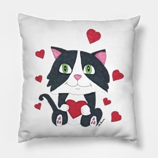 Tuxedo Cat with Hearts Hand Drawn Design Pillow