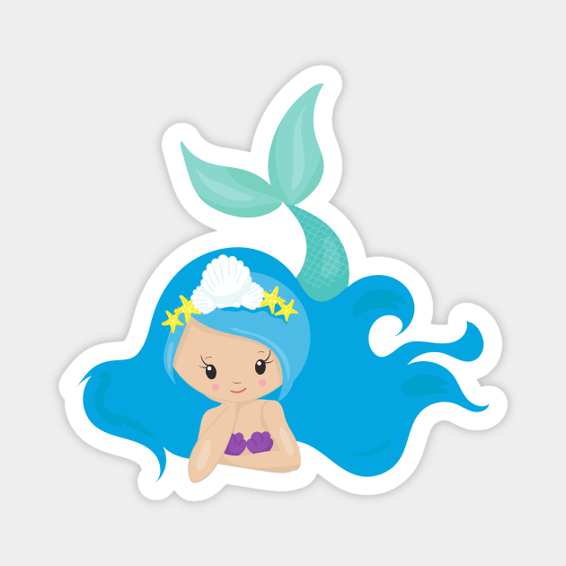 Cute Mermaid, Blue Hair, Little Mermaid, Starfish Magnet by Jelena Dunčević