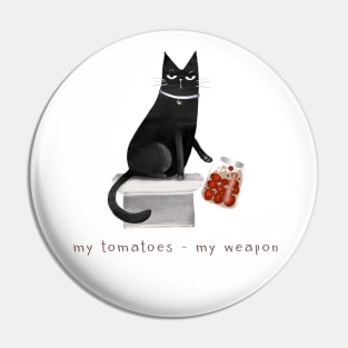 Cartoon black cat throwing off a jar of tomatoes with the inscription "My tomatoes - my weapon." Pin