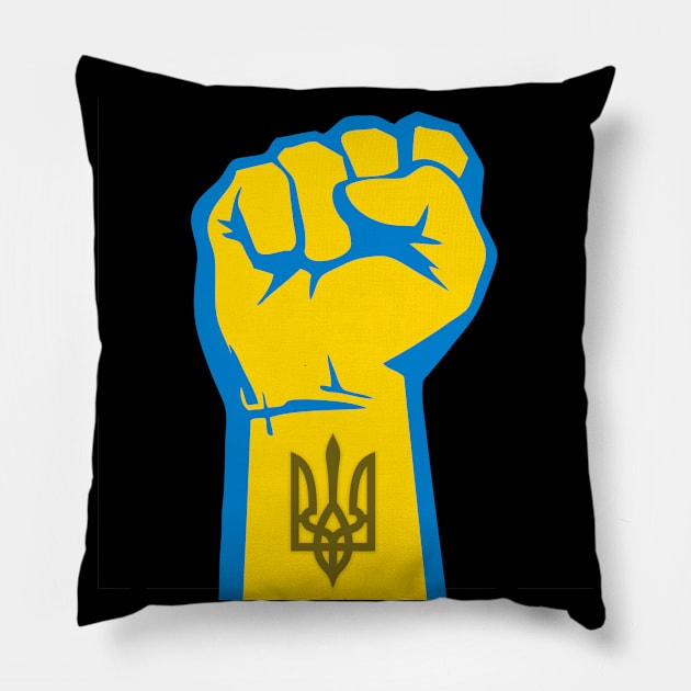 Peace for Ukraine! I Stand With Ukraine. Powerful Freedom, Fist in Ukraine's National Colors of Blue and Gold (Yellow) and Ukraine's Coat of Arms on the Wrist on a Dark Background Pillow by Puff Sumo