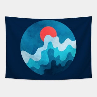 Vibrant Dark Blue Sky and Ocean Waves Art Tapestry