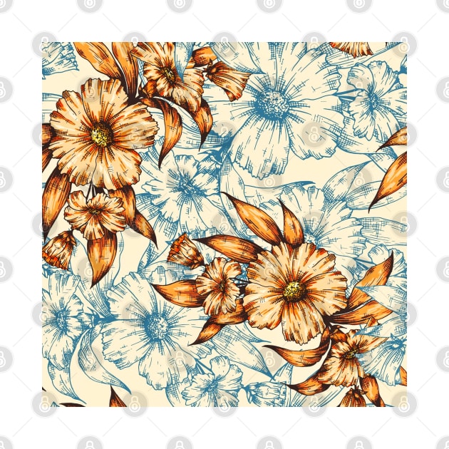 Orange and blue hand drawn floral pattern by TheSkullArmy