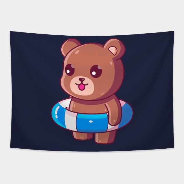 Cute brown bear with swimming ring summer vacation Tapestry by Ardhsells