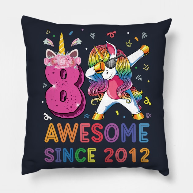 Awesome Since 2012 Dabbing Unicorn Shirt 8th Birthday Party Pillow by BioLite
