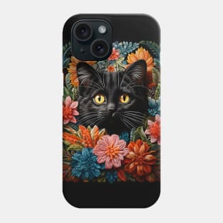 Vintage Black Cat Crochet Flowers - Whimsical Retro Design Phone Case