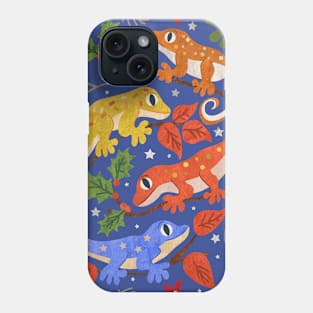 Colourful Christmas Geckos with Holly on Bright Blue Phone Case