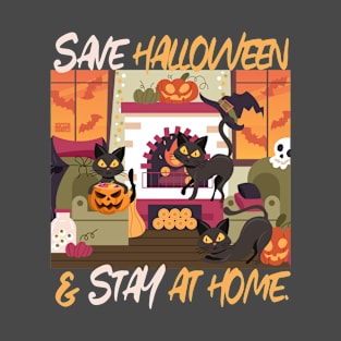 Creepy Black Cats Save Halloween Stay at Home Virus Pandemic T-Shirt