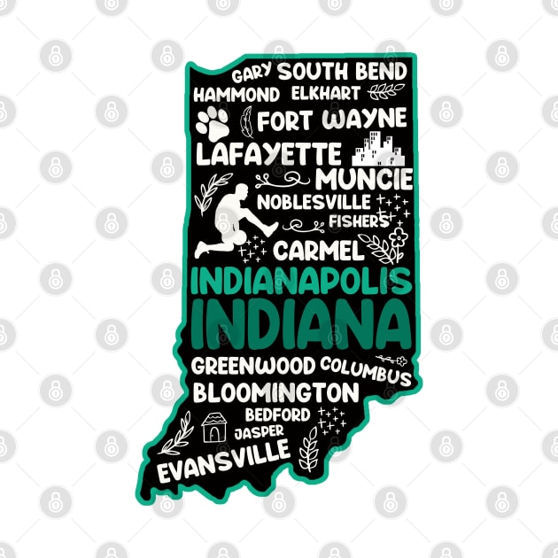 Indianapolis Indiana cute map, Fort Wayne, Evansville, Carmel, South Bend, Fishers, Bloomington, Hammond, Gary, Lafayette by BoogieCreates