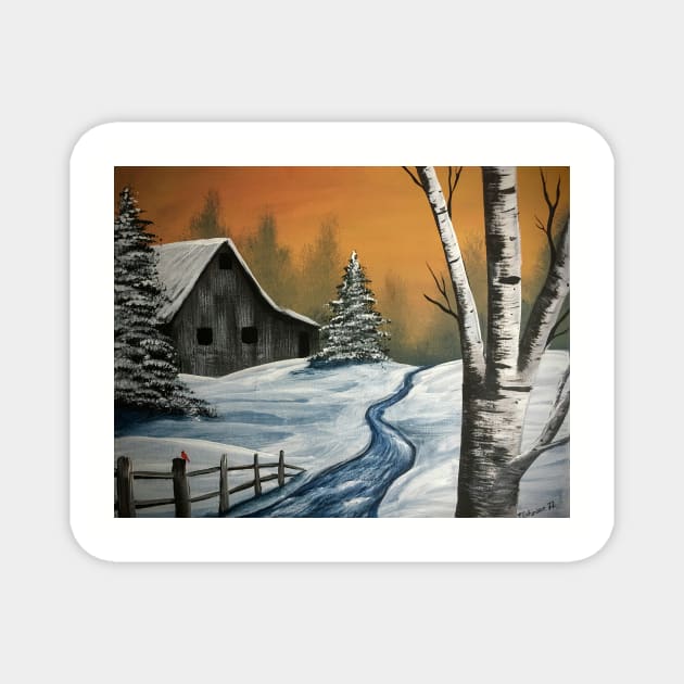 Snowy Barn and Birch Magnet by SistersInArtN