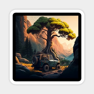 Jeep with Big Tree and Mountain Background Magnet