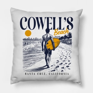 Vintage Surfing Cowell's Beach Santa Cruz, California // Retro Surfer Sketch // Surfer's Paradise Pillow